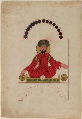 Figure 9. Figure on balcony, and semicircle of roundels, Compendium of Theory and Useful Practice for the Fabrication of Machines of al-Jazari, Mamluk, 1354, Folio: 40 x 27.7 cm, National Museum of Asian Art, Smithsonian Institution, Freer Collection, Purchase—Charles Lang Freer Endowment, F1932.19.