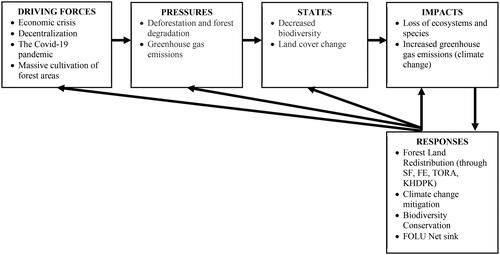 Figure 2. The DPSIR framework can effectively illustrate the complex interplay between drivers, pressures, states, impacts, and responses in relation to forest land redistribution, biodiversity conservation, and climate change mitigation.