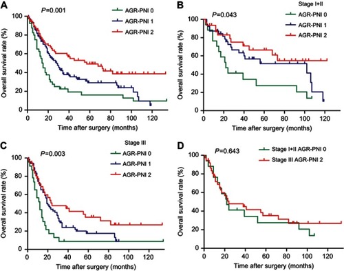Figure 2 Kaplan-Meier overall survival curves of 5-year survival rates for 215 patients with S3-AEG undergoing curative resection stratified according to the AGR-PNI score. (A) Patients with either stage I, II or III S3-AEG. (B) Patients with stage I or II S3-AEG. (C) Patients with stage III S3-AEG. (D) Stage III S3-AEG patients with an AGR-PNI score of 2, and stage I + II S3-AEG patients with a AGR-PNI score of 0.