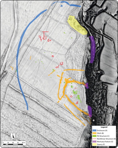 Figure 9. Interpretation of principal pre/protohistoric features identified at Guletta. Background: 50 cm spatial resolution ALS-derived DTM visualization (Sky-view factor, local relief model and multiple hillshade).