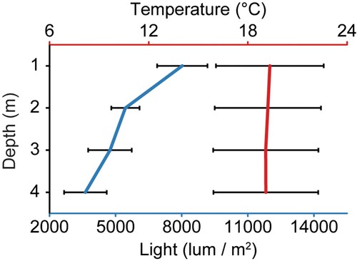 Figure 7. Depth profiles of average (± SD) water temperature (⁰C) and light (lum m-2) from the 29th of September 2021 to 28th of February 2022. Measurements were taken once every 10 min, and water temperature is show as average between months (n = 6) and light is shown as average between weeks (n = 4), including only light data measured during the first week following each visit and omitting values of zero (night measurements).