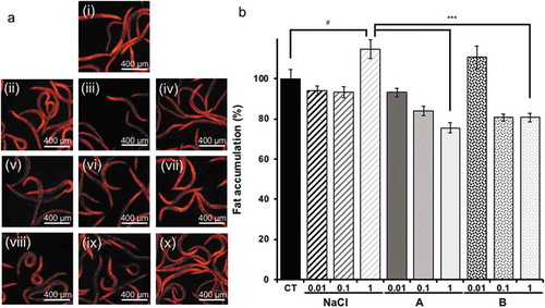 Figure 1. Fat accumulation.(a) Fat stained with Nile red: (i) OP plate, (ii) undiluted saline solution, (iii) saline solution diluted 10×, (iv) saline solution diluted 100×, (v) undiluted soy sauce A, (vi) soy sauce A diluted 10×, (vii) soy sauce A diluted 100×, (viii) undiluted soy sauce B, (ix) soy sauce B diluted 10×, (x) soy sauce B diluted 100×. Scale bars indicate 400 μm. (b) Analysis results of A. Only the significant difference between the control and experimental samples is shown. Data are shown as the mean ± SEM, and significant differences between the control and experimental samples were analyzed with Tukey’s test. #P < 0.05 vs. control group and ***P < 0.005 vs. NaCl group.