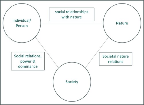 Figure 1. The triangular relationship between individuals, nature and society (own representation, drawing on Frankfurt Institute for Social Research (Citation1972, 41) and Hornborg (Citation2001, 193)).