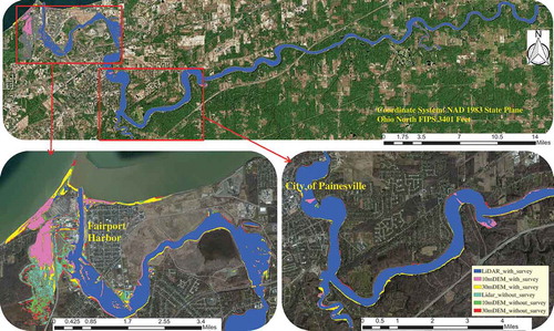 Figure 11. Difference in inundation area due to 2006 flooding in the Grand River generated using different elevation datasets. Note: The pink on the map covers all areas shaded in pink as well as blue; the yellow covers all areas in blue, pink and yellow, and the red represents the 30-m DEM without survey showing areas shaded in red and all the areas that are included in all other cases.