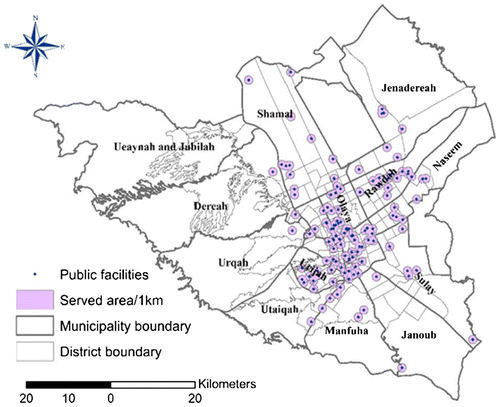 Figure 7. 1-km served area of public health facility in Riyadh districts.