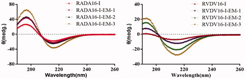 Figure 5. Secondary structures of RADA16-I, RVDV16-I, RADA16-I-EM and RVDV16-I-EM complexes. The concentrations of RADA/RVDV16-I in RADA/RVDV16-I-EM-1, RADA/RVDV16-I-EM-2, RADA/RVDV16-I-EM-3 were 0.1, 0.2, 0.4 mg/mL, respectively, [EM] = 0.05 mg/mL.