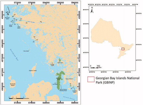 Figure 1. Image showing the location of Georgian Bay Islands National Park, in Southern Ontario, Canada. The green polygon on the lower right portion of the image shows the extent of Beausoleil Island.