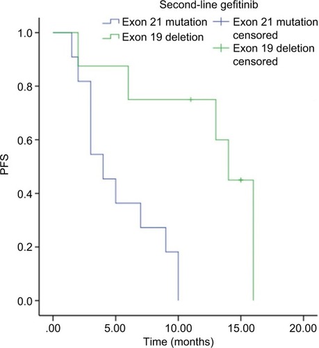 Figure 3 Comparison of gefitinib between positive exon 21 and 19 deletion mutations in the second-line therapy.