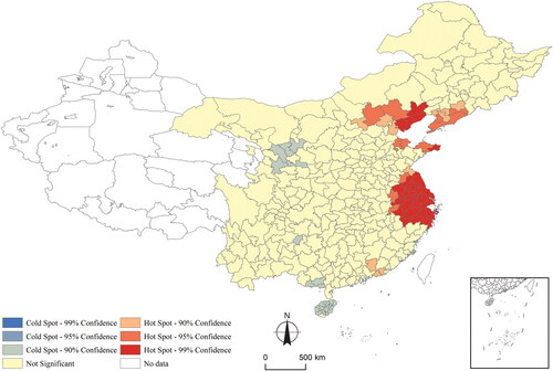 Figure 2 Hot spot analysis of LFDI distribution in China (2010).