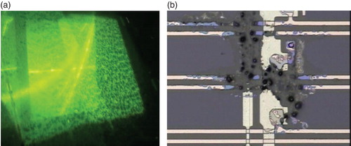 Figure 6. Pictures of arcing during half-tone source–drain pattern etching. (a) Arcing picture under a macroscope, (b) Arcing picture under a microscope.