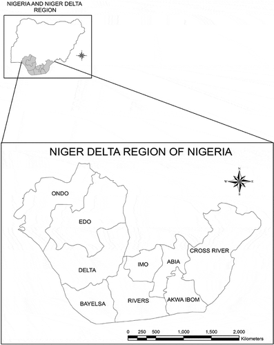 Figure 1. Niger Delta Region of Nigeria and location map in Nigeria.