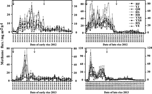 Figure 3. Seasonal variation in methane fluxes of different rice cultivars in 2012 and 2013.