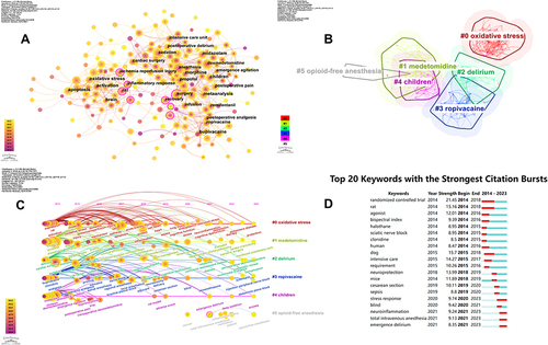 Figure 10 Keywords analysis on dexmedetomidine. (A) The network map of the co-occurrence keywords; (B) Clusters of keywords; (C) Timeline view of keywords analysis; (D) The top 20 keywords with the strongest citation bursts.