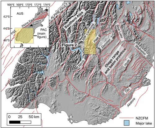 Figure 1. Map of late Cenozoic faults in the southern South Island as represented by the New Zealand Community Fault Model v1.0 (Seebeck et al. Citation2022, Citation2023), with major faults in the Otago range and basin reverse fault province named in italicised text. Inset, principal components of plate boundary in the South Island (PSZ: Puysegur subduction zone, MFS: Marlborough Fault System) and NUVEL-1a plate motion vector between the Australian (AUS) and Pacific (PAC) plate (DeMets et al. Citation2010). Image underlain by an 80 m digital elevation model.