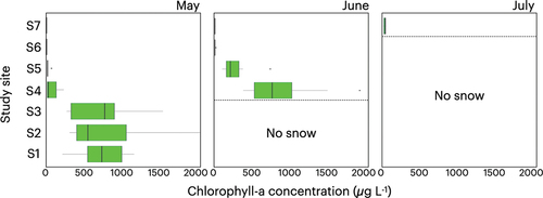 Figure 4. Seasonal and altitudinal variations in chlorophyll-a concentrations on the snow surface of Mount Gassan from May to July 2019. No snow remained at the sites below the dashed lines.