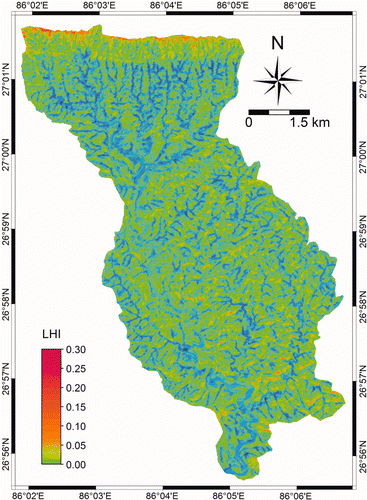 Figure 11. Landslide hazard index map of the Charnath catchment after replication of logistic regression model from the Jalad catchment. Available in colour online.