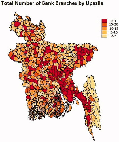 Figure 1. Distribution of banks in Upazilas across Bangladesh.
