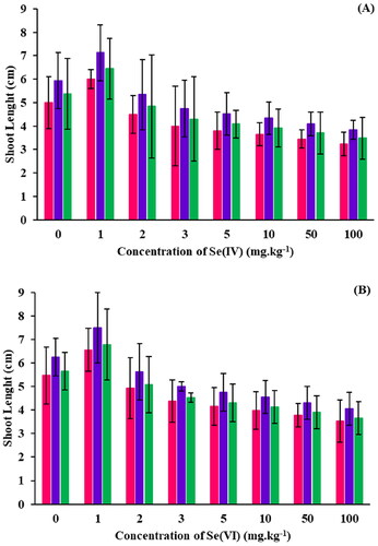 Figure 5. Shoot lengths of B. oleracea plants grown in spiked soils containing (A) Se(IV) and (B) Se(IV) at varying concentrations of Se: surface sterilized seeds (■), seeds inoculated with R. opacus PD630 (■) and seeds inoculated with killed R. opacus PD630 (■).