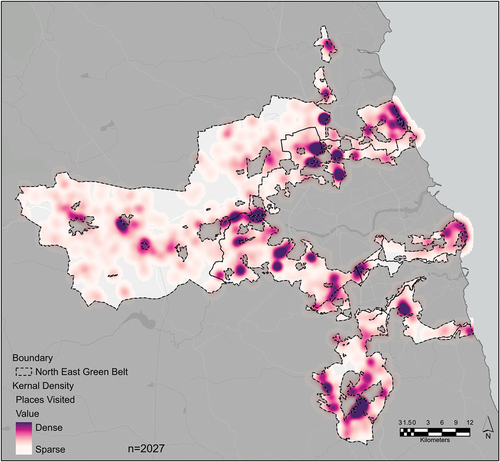 Figure 5. Kernel density heatmap of GB visits, darker colours represent higher density of visits.