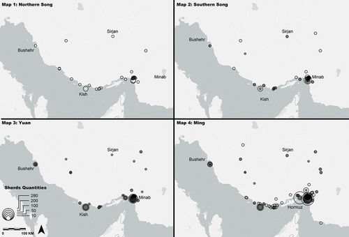 Figure 10. Distribution of Longquan celadon (grey dots) and other Chinese ceramic imports (black circles) in southern Iran, Northern Song to Ming Dynasties (based on Table 3. Note that 18 sherds of Chinese ceramic imports dated before the Northern Song, 46 dated after Ming Dynasty, and 76 without locations are not included in these maps).