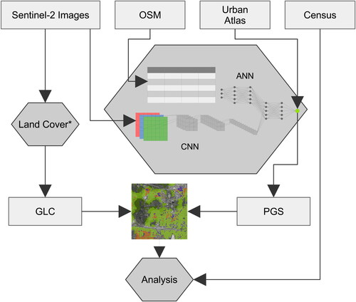 Figure 1. Workflow of this study. The GLC dataset is derived from a land cover classification (*) developed by Weigand et al. (Citation2020) and PGS is derived from a deep learning data fusion (see sec. 3.1.2). both datasets are used in conjunction with nationwide census data to support the analyses in this study.