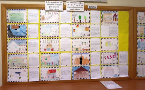 Figure 2. Postcards made by children from Potami Village (Grade 1-4), exhibited as part of an end-of-school celebration at the Asinou Regional Primary School on 17 June 2017. Photograph: author.
