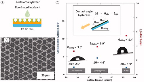 Figure 4. (a) Fluorination of the film. (b) SEM image of the treated film. (c) Sliding angle and hysteresis of various liquids on the lubricated substrate. Reproduced by permission of ref. [Citation18].