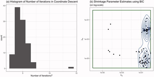 Figure 1. The coordinate descent with (a) the number of iterations steps T and (b) the model-based optimization estimated λ̂ under the BIC.