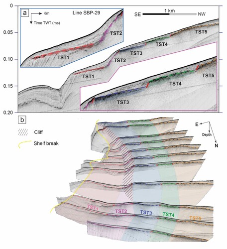 Figure 5. (a) Seismic SBP line 29 showing the common terraced-like arrangement of the HARF Sub-units deposits (TST1-5). (b) Three-dimensional view of the SBP lines showing the high lateral continuity of the HARF subunits highlighted by the high amplitude reflection facies and the terraced arrangement.