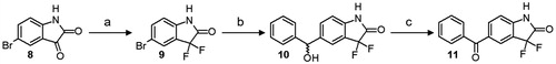 Scheme 1. Synthesis of 5-benzoyl-3,3-difluoro-1,3-dihydro-2H-indol-2-one 11. Reagents and conditions: (a) DAST, DCM, r.t.; (b) i: i-PrMgCl, n-BuLi, dry THF, 0 °C; ii: benzaldehyde, −78 °C; (c) Dess-Martin periodinane, DCM, r.t.