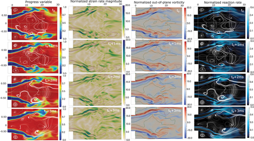 Figure 15. Midplane cut through the expansion duct with filtered progress variable, normalized strain rate magnitude SN=∥Sij∥D/Uref, out-of-plane vorticity ωN=ωzD/Uref and reaction rate ⟨ω˙c⟩δth/(ρuSL,0) for equivalence ratio ϕ=0.65 displayed, all shown quantities are nondimensional.