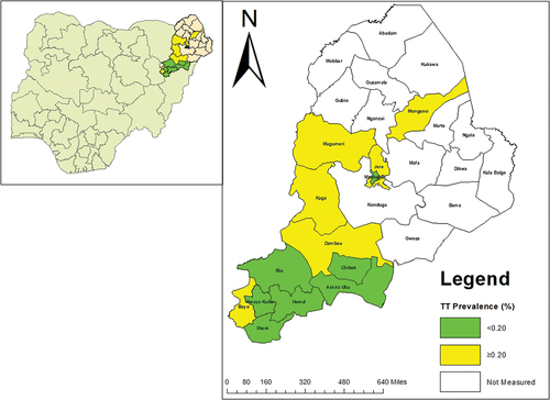 Figure 2. Prevalence of trachomatous trichiasis (TT) unknown to the health system in persons aged ≥15 years, by Local Government Area, Borno State, Nigeria, February 2017–March 2019. The boundaries and names shown, and the designations used on this map do not imply the expression of any opinion whatsoever on the part of the authors, or the institutions with which they are affiliated, concerning the legal status of any country, territory, city or area or of its authorities, or concerning the delimitation of its frontiers or boundaries.
