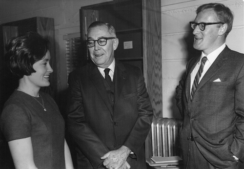 Figure 1. University of Colorado President Joseph Smiley (center) recognizes the establishment in 1969 of INSTAAR’s new journal Arctic and Alpine Research with first Managing Editor Kathleen (Blackie) Salzberg and Institute of Arctic and Alpine Research Director Jack Ives