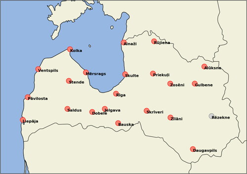 Fig. 1. Locations of 22 observation stations in Latvia that record wind direction. Observation station Rēzekne (grey marker) was not used in further analysis, since it did not meet the data completeness criteria for the period of study (see text).
