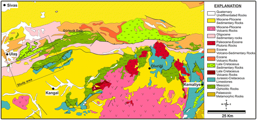 Figure 2. 1/500.000 scale geological map of the Ulaş-Kangal-Divriği (Sivas) regions, showing the distribution of the Tauride platform, ophiolites, granitoids and cover sediments (from MTA, Citation2002).