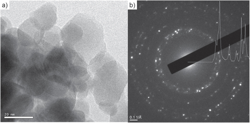 Figure 4. TEM investigation of ZinCox10 powder compacted 20 h under humid warm condition (85 °C, 140 g m−3 moisture) with (a) microstructure and (b) diffraction pattern.
