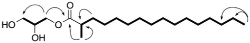 Figure 2. Key HMBC (H→C) and 1H-1H COSY (—) correlations of compound 1.