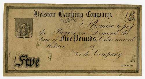 Figure 4. Helston Banking Company 5 pound bank note (1836–1878).