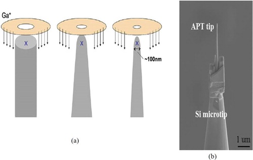 Figure 7. An annular milling of the tip. (a) Milling pattern [Citation14]. (b) The final ideal shape of APT tip.