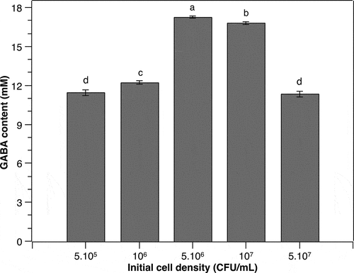 Figure 2. Effect of initial cell density on the GABA production of P. pentosaceus MN12. Cells were grown in MRS broth supplemented with 60 mM of MSG at 37°C for 24 h. Concentration of GABA in culture supernatants were quantified by an HPLC method. Data are means ± SD of GABA production from triplicate experiments. Bars without a common letter differ significantly (P < 0.05)