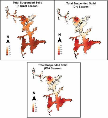 Figure 11. Spatial distribution of Total Suspended Solids during normal, dry, and wet seasons.