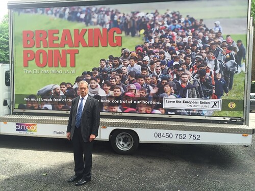 Image 4. Nigel Farage in front of UKIP poster for the Leave the European Union campaign in 2016. Source: Twitter Chris Ship @chrisshipitv, 16 June 2016