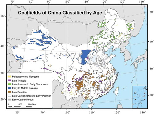 Figure 2. Coal deposits in China classified by geological age (modified from Dai et al. Citation2012).