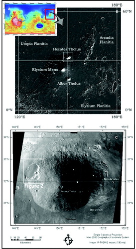 Figure 1. (A) MOLA-derived topographic map of Mars showing the location of the Elysium volcanic province (EVP); (B) MOLA-derived shaded relief map of EVP and the location of Hecates Tholus shield volcano; and (C) Mosaic of THEMIS-IR daytime images of Hecates Tholus volcano and the location of the mapped area (shown in Figure 2).