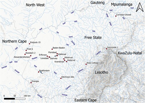 Figure 2. Topographic map of the Free State including hydrography, with the names of the main rivers and sites mentioned in the text. Source: Hydrography: Department of Water and Sanitation, South Africa. Topography: Esri. ‘Topographic’ [basemap]. ‘World Topographic Map’. October 26, 2017. https://www.arcgis.com/home/item.html?id=7dc6cea0b1764a1f9af2e679f642f0f5 (May 24, 2024).