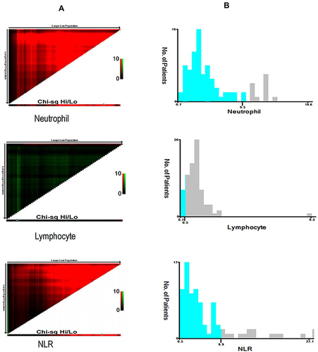 Figure 1 Optimal cutoff values for neutrophil counts, lymphocyte counts, and neutrophil-to-lymphocyte ratios (NLRs), as determined using X-tile software. (A) Data are represented as a grid of right triangles (neutrophil counts, lymphocyte counts, and NLRs from top to bottom), with each point representing a set of data for a specific partition. The X-axis represents all possible marker cutoffs, with the size of the cutoff increasing from left to right, and the brightest pixel (marked with a black circle) representing the best cutoff. (B) The χ2 log ranking values. The histogram shows the distribution of the number of patients.