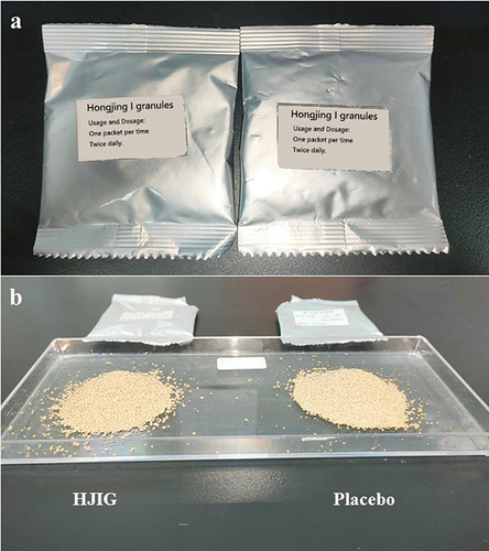 Figure 3 Packaging and appearance of Hongjing I granules (HJIG) and its placebo (a) HJIG and its placebo packaging (b) The appearance of HJIG granules and placebo granules (Left side is HJIG and right side is placebo granules).