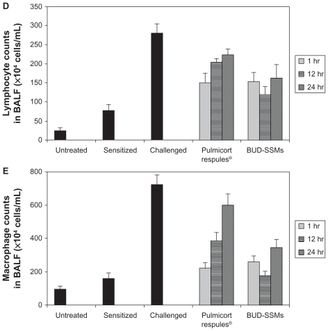 Figure 7 Total cell counts (A), eosinophil counts (B), neutrophil counts (C), lymphocyte counts (D), and macrophage counts (E) in bronchoalveolar lavage fluid in each experimental group of animals.Notes: Error bar represents the standard error of the mean. for n = 6. Untreated, no sensitization or challenge; sensitized (negative control), multiple antigen sensitization, no challenge; challenged (positive control), multiple antigen sensitization with challenge.