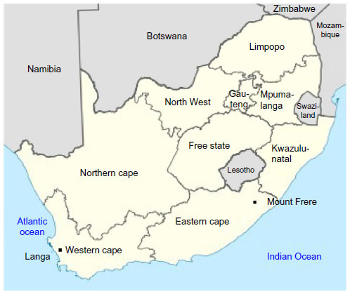 Figure 1 Study Sites: Langa, Western Cape Province, and Mount Frere, Eastern Cape Province, South Africa.