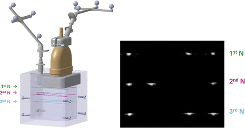 Figure 7. Calibration procedure. Left: Calibration body and navigated ultrasound probe. Right: The ultrasonic image shows the “N-shaped” filaments in the calibration body. The exact position of the ultrasound probe in relation to the calibration body can be determined from the distances of the points from one another using a contour-seeking algorithm.